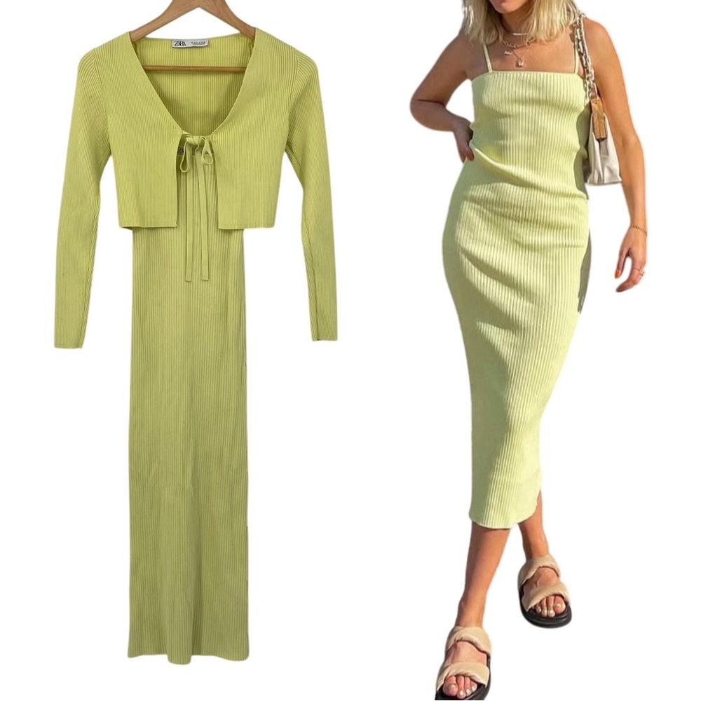Zara Lime Green Ribbed Dress and Cardigan Set